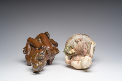 Georges Van der Straeten (1856-1928): A bust of a lady, brown patinated bronze &amp; Reinhold B&ouml;ltzig (1863-1939): 'Fruchtsammlerin', alabaster