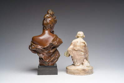 Georges Van der Straeten (1856-1928): A bust of a lady, brown patinated bronze &amp; Reinhold B&ouml;ltzig (1863-1939): 'Fruchtsammlerin', alabaster