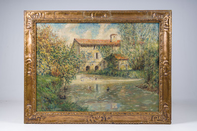 Ferdinand Willaert (1861-1938): Vue d'un &eacute;tang avec des canards et une maison en arri&egrave;re-plan, huile sur toile