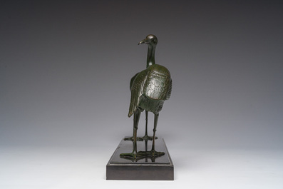 Alexandre Levasseur (19&egrave;me/20&egrave;me si&egrave;cle): Sculpture Art D&eacute;co de Deux &eacute;chassiers, bronze &agrave; patine verte reposant sur une base en marbre noir