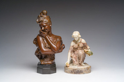 Georges Van der Straeten (1856-1928): A bust of a lady, brown patinated bronze &amp; Reinhold B&ouml;ltzig (1863-1939): 'Fruchtsammlerin', alabaster