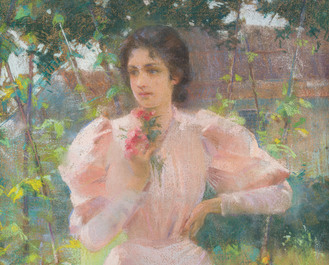 Louise De Hem (1866-1922): Portrait d'une dame en robe rose, une fleur &agrave; la main, dans un jardin, pastel sur papier maroufl&eacute; sur toile
