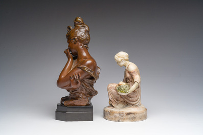 Georges Van der Straeten (1856-1928): A bust of a lady, brown patinated bronze &amp; Reinhold B&ouml;ltzig (1863-1939): 'Fruchtsammlerin', alabaster