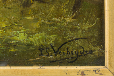 Isidore Verheyden (1846-1905): Vue anim&eacute;e d'une ferme, huile sur panneau