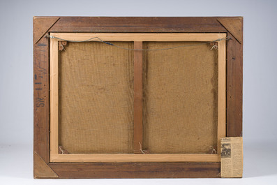 Ferdinand Willaert (1861-1938): Vue d'un &eacute;tang avec des canards et une maison en arri&egrave;re-plan, huile sur toile