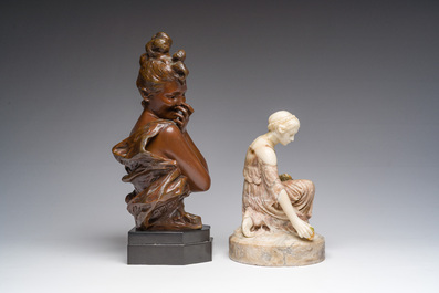 Georges Van der Straeten (1856-1928): A bust of a lady, brown patinated bronze &amp; Reinhold B&ouml;ltzig (1863-1939): 'Fruchtsammlerin', alabaster