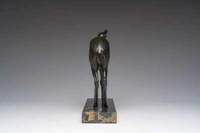 French school: A brown patinated bronze Art Deco sculpture of a doe on a Marmo Portoro marble base, ca. 1920