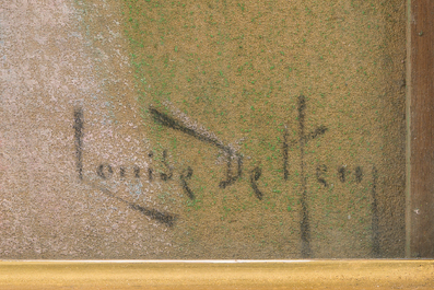 Louise De Hem (1866-1922): Portrait d'une dame en robe rose, une fleur &agrave; la main, dans un jardin, pastel sur papier maroufl&eacute; sur toile