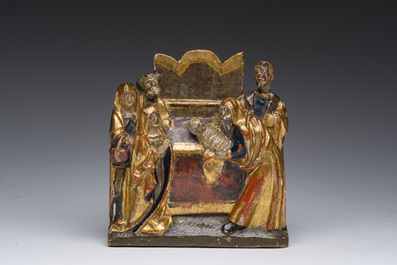 Groupe de retable en bois dor&eacute; et polychrome repr&eacute;sentant la pr&eacute;sentation de J&eacute;sus au temple, Brabant, 16&egrave;me si&egrave;cle