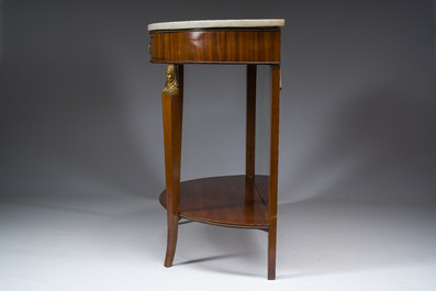 Georges Jacob (1739&ndash;1814): Console Empire demi-lune en acajou et bronze dor&eacute; ouvrant par un tiroir et surmont&eacute;e d'une tablette en marbre blanc