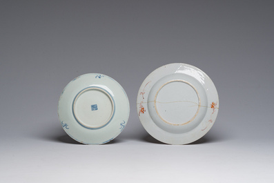 Quatorze assiettes en porcelaine de Chine bleu, blanc et vert-Imari &agrave; d&eacute;cors vari&eacute;s, Kangxi et post&eacute;rieur