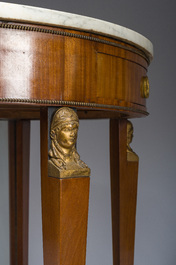 Georges Jacob (1739&ndash;1814): Console Empire demi-lune en acajou et bronze dor&eacute; ouvrant par un tiroir et surmont&eacute;e d'une tablette en marbre blanc