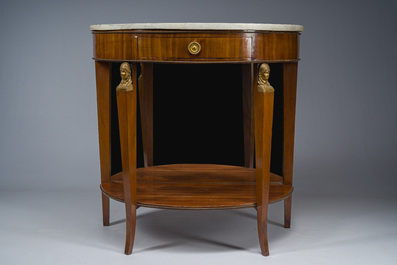 Georges Jacob (1739&ndash;1814): Console Empire demi-lune en acajou et bronze dor&eacute; ouvrant par un tiroir et surmont&eacute;e d'une tablette en marbre blanc