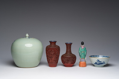 Collection vari&eacute;e en porcelaine de Chine bleu, blanc, famille rose et de style Imari et deux vases en laque rouge, Qianlong et post&eacute;rieur