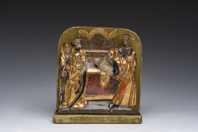 Groupe de retable en bois dor&eacute; et polychrome repr&eacute;sentant la pr&eacute;sentation de J&eacute;sus au temple, Brabant, 16&egrave;me si&egrave;cle