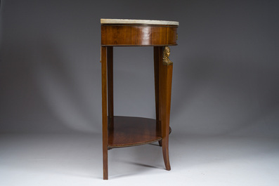 Georges Jacob (1739&ndash;1814): Console Empire demi-lune en acajou et bronze dor&eacute; ouvrant par un tiroir et surmont&eacute;e d'une tablette en marbre blanc
