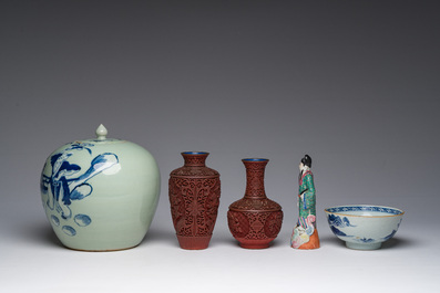 Collection vari&eacute;e en porcelaine de Chine bleu, blanc, famille rose et de style Imari et deux vases en laque rouge, Qianlong et post&eacute;rieur