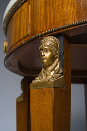 Georges Jacob (1739&ndash;1814): Console Empire demi-lune en acajou et bronze dor&eacute; ouvrant par un tiroir et surmont&eacute;e d'une tablette en marbre blanc