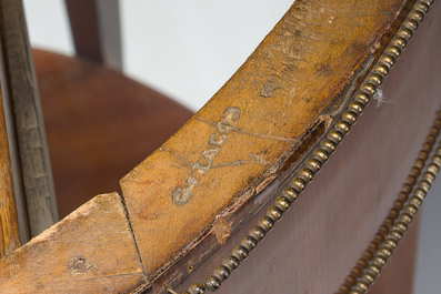 Georges Jacob (1739&ndash;1814): Console Empire demi-lune en acajou et bronze dor&eacute; ouvrant par un tiroir et surmont&eacute;e d'une tablette en marbre blanc