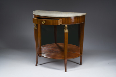 Georges Jacob (1739&ndash;1814): Console Empire demi-lune en acajou et bronze dor&eacute; ouvrant par un tiroir et surmont&eacute;e d'une tablette en marbre blanc