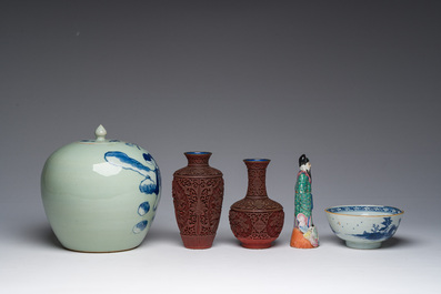 Collection vari&eacute;e en porcelaine de Chine bleu, blanc, famille rose et de style Imari et deux vases en laque rouge, Qianlong et post&eacute;rieur