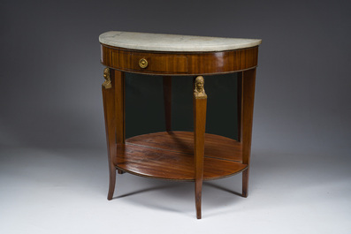 Georges Jacob (1739&ndash;1814): Console Empire demi-lune en acajou et bronze dor&eacute; ouvrant par un tiroir et surmont&eacute;e d'une tablette en marbre blanc
