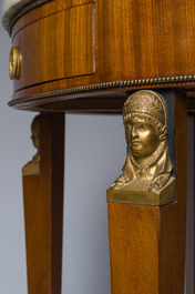 Georges Jacob (1739&ndash;1814): Console Empire demi-lune en acajou et bronze dor&eacute; ouvrant par un tiroir et surmont&eacute;e d'une tablette en marbre blanc