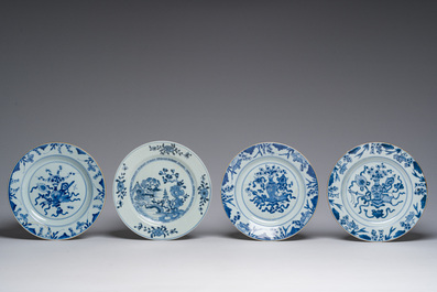 Quatorze assiettes en porcelaine de Chine bleu, blanc et vert-Imari &agrave; d&eacute;cors vari&eacute;s, Kangxi et post&eacute;rieur