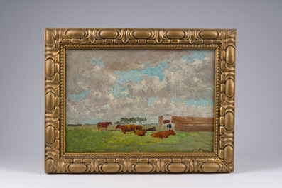 G&eacute;o Bernier (1862-1918): Vaches dans le pr&eacute;, huile sur toile maroufl&eacute;e sur panneau