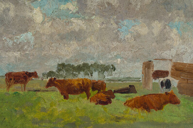 G&eacute;o Bernier (1862-1918): Vaches dans le pr&eacute;, huile sur toile maroufl&eacute;e sur panneau