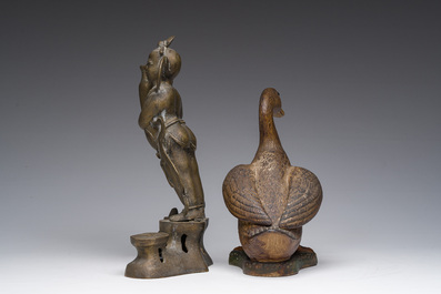Sculpture en bronze d'un gardien de temple et un canard en porcelaine de style Yixing, Chine, 19&egrave;me/20&egrave;me si&egrave;cle