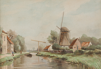 Willem J. Oppenoorth (1847-1905): Quatre paysages fluviaux anim&eacute;s, aquarelle sur papier