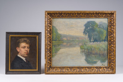 Monogramm&eacute; P.L. (probablement Louis Pittomerils): &Eacute;tangs de Bosvoorde &amp; Un portrait, huile sur toile et panneau, un dat&eacute; 1915