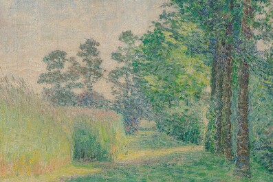 Emile Claus (1849-1924 of op de wijze van): Langs de boorden van het graanveld, olie op doek, gedateerd 1896-99