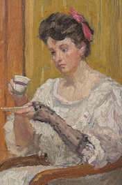 Frans Smeers (1873-1960): 'L'heure du th&eacute;', huile sur panneau