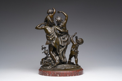 Claude Michel (Clodion, 1738-1814, apr&egrave;s): Le triomphe de Bacchus, bronze patin&eacute; sur socle en marbre, marque de fonderie 'Cresson &Eacute;diteur', 19&egrave;me s.