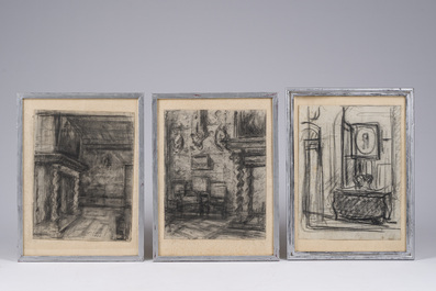 F&eacute;lix Gogo (1872-1953): Cinq int&eacute;rieurs, fusain sur papier