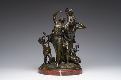 Claude Michel (Clodion, 1738-1814, apr&egrave;s): Le triomphe de Bacchus, bronze patin&eacute; sur socle en marbre, marque de fonderie 'Cresson &Eacute;diteur', 19&egrave;me s.