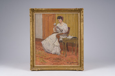 Frans Smeers (1873-1960): 'L'heure du th&eacute;', huile sur panneau