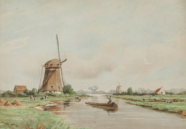 Willem J. Oppenoorth (1847-1905): Quatre paysages fluviaux anim&eacute;s, aquarelle sur papier