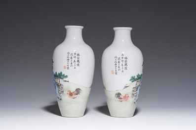 Paire de vases en porcelaine de Chine famille rose &agrave; d&eacute;cor de ma&icirc;tre et de son serviteur dans un paysage avec un coq, marque Qianlong, R&eacute;p., 20&egrave;me s.