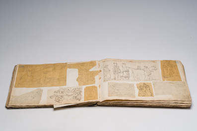 &Eacute;cole acad&eacute;mique: Volumineux carnet de croquis contenant de nombreux dessins, princ. d'apr&egrave;s les anciens, encre, couleurs et crayon sur papier, 19&egrave;me