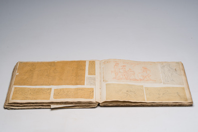 &Eacute;cole acad&eacute;mique: Volumineux carnet de croquis contenant de nombreux dessins, princ. d'apr&egrave;s les anciens, encre, couleurs et crayon sur papier, 19&egrave;me