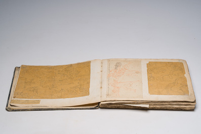 &Eacute;cole acad&eacute;mique: Volumineux carnet de croquis contenant de nombreux dessins, princ. d'apr&egrave;s les anciens, encre, couleurs et crayon sur papier, 19&egrave;me