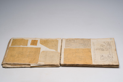 &Eacute;cole acad&eacute;mique: Volumineux carnet de croquis contenant de nombreux dessins, princ. d'apr&egrave;s les anciens, encre, couleurs et crayon sur papier, 19&egrave;me
