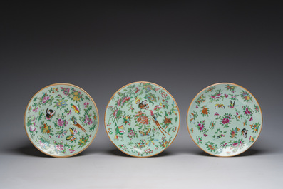 Trois assiettes en porcelaine de Chine famille rose de Canton sur fond c&eacute;ladon &agrave; d&eacute;cor d'oiseaux, de papillons et de fleurs, 19&egrave;me si&egrave;cle