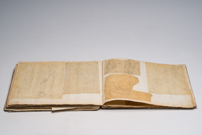 &Eacute;cole acad&eacute;mique: Volumineux carnet de croquis contenant de nombreux dessins, princ. d'apr&egrave;s les anciens, encre, couleurs et crayon sur papier, 19&egrave;me
