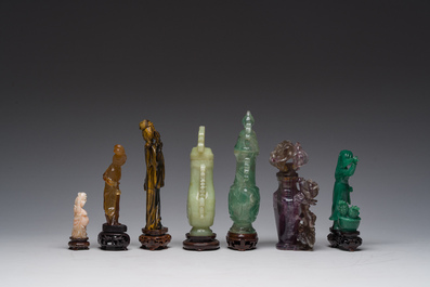 Collection de sept sculptures en pierre dure, dont du jade, du quartz et de l'&oelig;il de tigre, Chine, 19&egrave;me/20&egrave;me si&egrave;cle