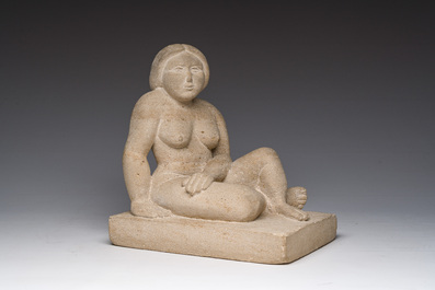 Willem Lorein (20&egrave;me si&egrave;cle): 'Repos' (nu assis), pierre, (1971)