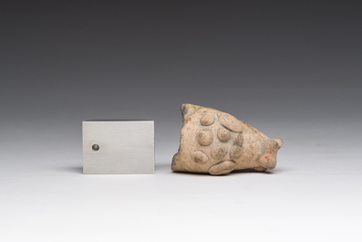 T&ecirc;te d&rsquo;animal en terre cuite avec des traces de polychromie sur socle, probablement Iran, 6&egrave;me-1er si&egrave;cle av. J.-C.